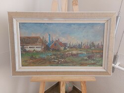 (K) signed landscape painting of a small village 79x48 cm with frame