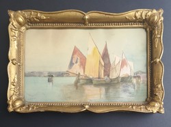 Mediterranean port. Antique watercolor painting.