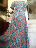 AL NUO SI 42-44-es 100% pamut maxi ruha, türkiz-korall hosszú ruha