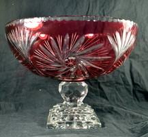 Spectacular - very big! Lead crystal bowl in dark pink color - centerpiece!
