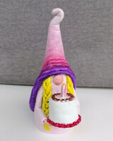 Handmade porcelain plasticine elf with cake, pink-purple