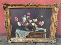 Flower still life with blonde in a rose flower painting frame