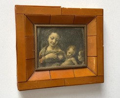 Madonna depiction antique painting print in an amber-colored ornate frame