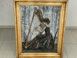 Patay Laszlo girl woman with harp musician portrait modern painting image