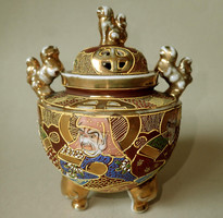 Very old antique vintage Japanese marked satsuma porcelain incense burner richly gilt enamelled