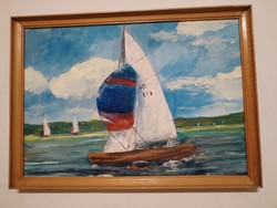 A beautiful oil painting attributed to a famous Hungarian painter. Balaton sailing boats. Signed.
