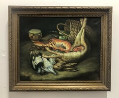Table still life, rabbit, lobster, hunting still life oil on canvas painting 50 x 60 cm in old frame