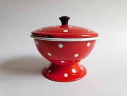 Old dotted enamel grease bowl with lid