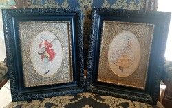 Wonderful micro tapestry of a baroque lady and man in a pair in an antique carved frame