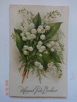 Régi grafikus virágos képeslap: gyöngyvirág-csokor - postatiszta