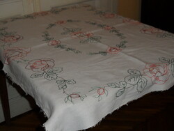 Hand embroidered rosy linen tablecloth