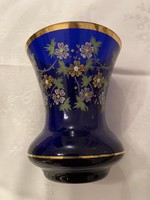 Antik kézzel festett királykék üveg váza.