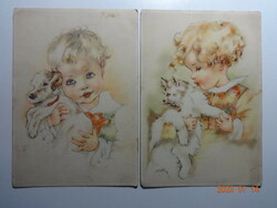 Two old graphic postcards together: little girl with a kitten + little boy with a dog