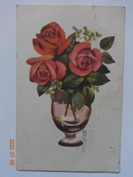 Régi grafikus virágos üdvözlő képeslap, rózsacsokor vázában (Izsák Magda rajz)