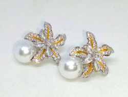 Orchid pearl earrings with clear cz crystal inlay 417