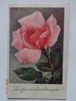 Old floral birthday greeting card, rose thread