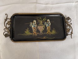 Antique painted copper tray with quilled teeth.