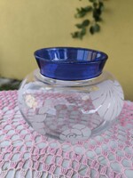 Beautiful belly vase with blue edges, sandblasted for sale!