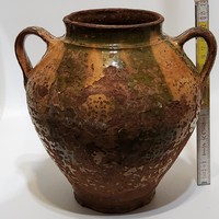 Folk ceramic pot with dark green glaze stripes, yellow glaze, two ears (3050)