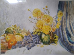 Fruit still life colored etching