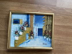 Cheerful Mediterranean painting made with bright colors, marked,