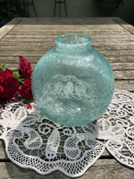 A wonderful turquoise-colored, cracked, wood-cut glass carving sphere vase