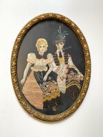 Pair of Matyó in embroidered folk costume with a boy smoking a cigarette in an oval gold frame