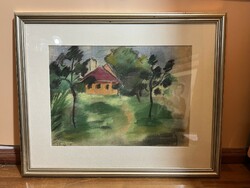 Art deco watercolor, signed, landscape, 32 x 23 cm. 0907