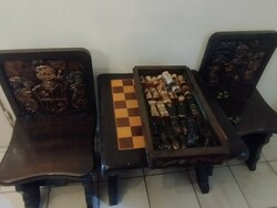 Unique wooden carved chess table + carved figures for sale