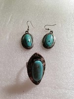 Tibetan silver turquoise earrings with an adjustable large turquoise ring