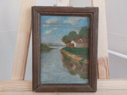 (K) Lajos Lovas painting with water house 21x27 cm framed (XVSD)