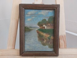 (K) Louis the Horseman painting waterfront cottage 21x27 cm with frame