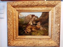 Hunting, falconry.... This time with a hunter's shell... 19. Century oil, canvas painting for sale.