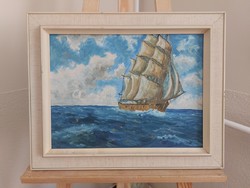 (K) signed painting, sea, ship 49x39 cm with frame