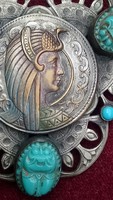Antique art nouveau hat pin or brooch decorated with pharaoh's head and scarabs 1900. Silver plated!