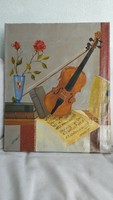 Still life: red gauze oil on canvas painting made in 1937. The still life shows a violin, flowers and music