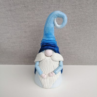 Handmade, hand-painted porcelain plasticine bearded elf, blue