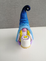 Handmade, hand-painted porcelain plasticine elf with cake, blue-purple, birthday gift idea