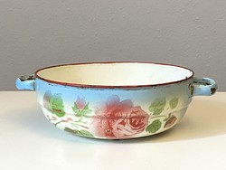Antique 2-handled enamel kitchenware with rose flower painting