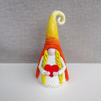 Handmade, hand-painted porcelain plasticine elf with heart, red-orange