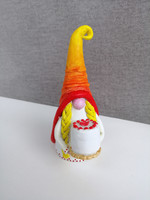 Hand-made, hand-painted porcelain plasticine elf with cake, red-orange, gift idea
