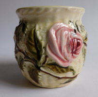 Antique earthenware mug with a plastic rose and the inscription Hévíz