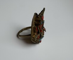Oriental Tibetan ring with antique coral and turquoise stones with huge 3D head