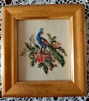 Handmade micro tapestry peacock in a golden frame