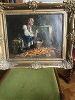 Old man picking corn oil painting