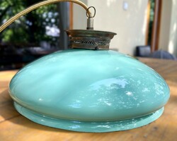 Antik német zöld üveg réz mennyezeti lámpa, "Balaton színű" régi étkező-konyhai lámpa