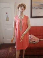 They are more beautiful than me, plus size, showy 100% linen summer dress, designer, coral orange, 48, 120, chest, 95, length