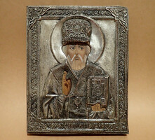 Very old antique vintage beautiful occluded alpaca orthodox icon religious wall picture metal wood copper wall picture