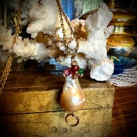 Tourmaline and Baroque Pearl Pendant Necklace, Baroque Pearl Gemstone Necklace on Polished Copper Necklace