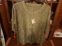 Green pastel cotton t-shirt, v short sleeve blouse, Indian with nice embroidered seams? New---
